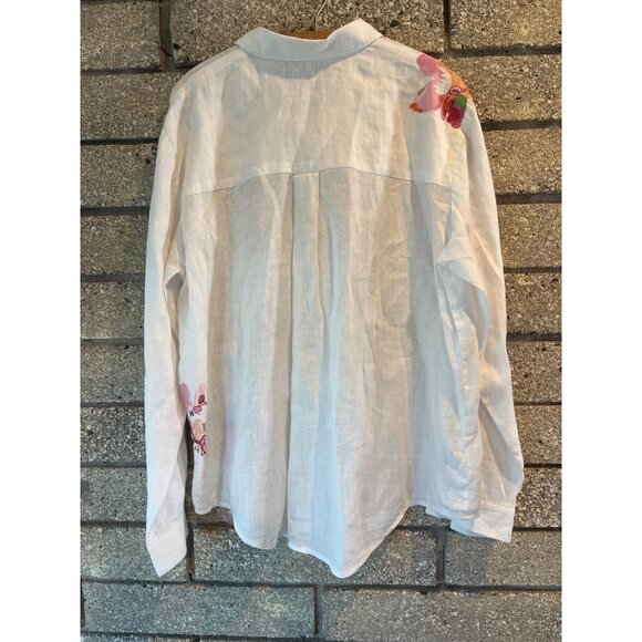 Dana Buchman White Linen Blouse W/ Multicolor Floral Embroidery Button-Down Long - Picture 7 of 9